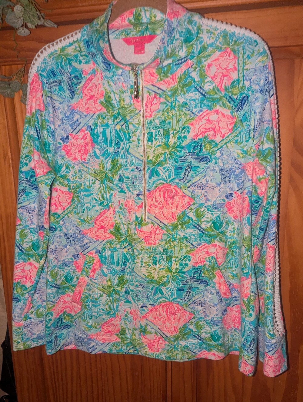 Lilly Pulitzer Skipper Popover Pink Aqua Floral Half-Zip Pullover Size L
